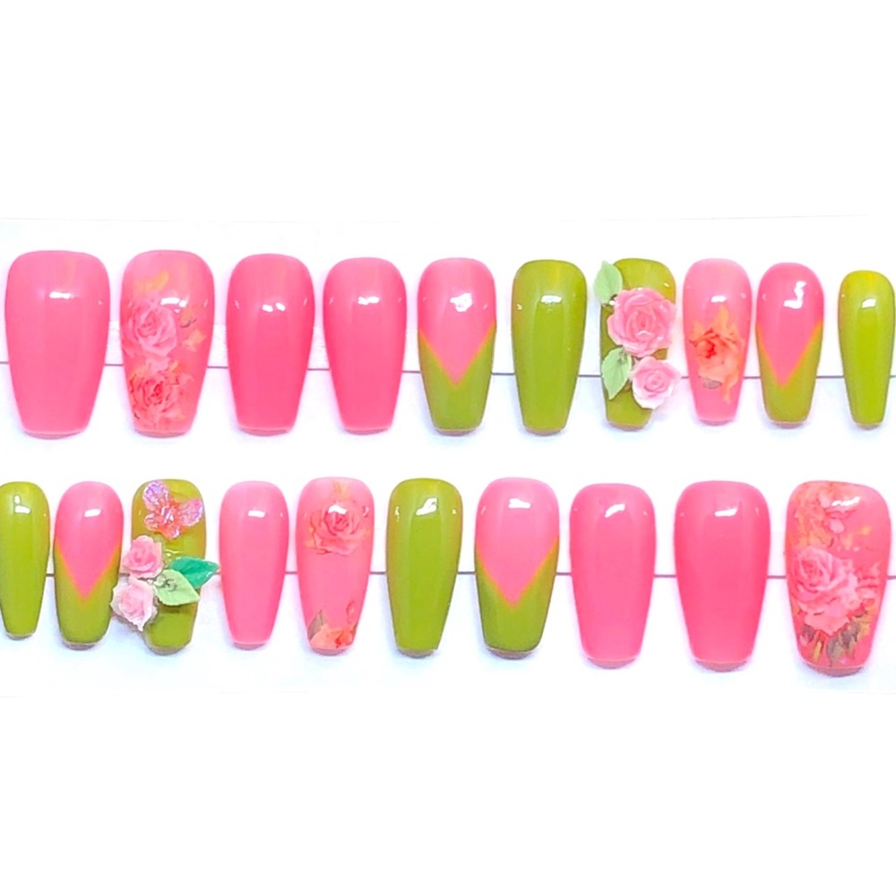 Custom Handmade Press On Nails UV Gel Long Coffin Pink Spring Roses Summer Nails